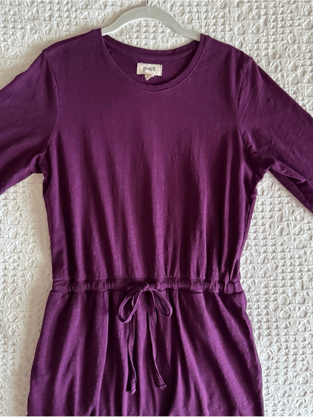 Pact Organic Tie Waist Dress Cotton Slub Purple Womens M Pockets 3/4 Sleeve Soft - Picture 6 of 12